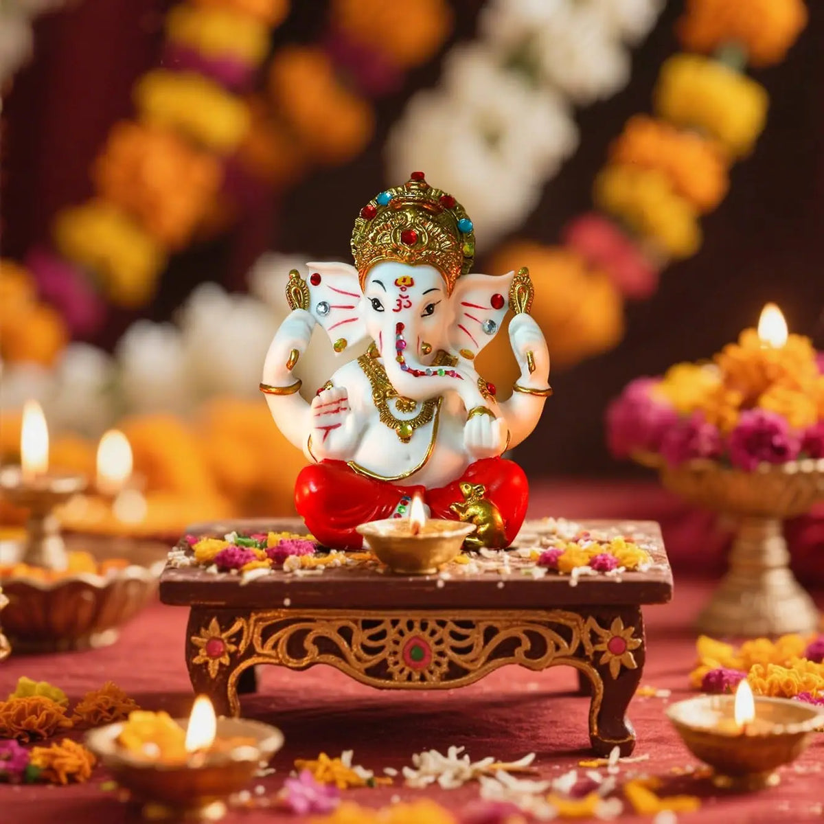 Alikiki Lord Ganesha Idol Statue - 5.6" Poly Stone Ganpati Murti for Diwali, Home Mandir, Temple Altar, and Puja Decor