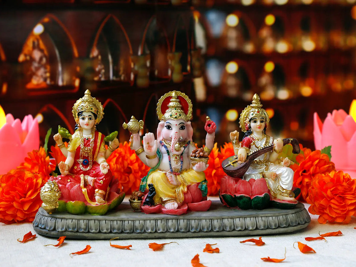 Alikiki India Laxmi Ganesh Saraswati Statue - 3.9” Hindu Idol Figurine for Diwali Gifts and Home/Office Decoration