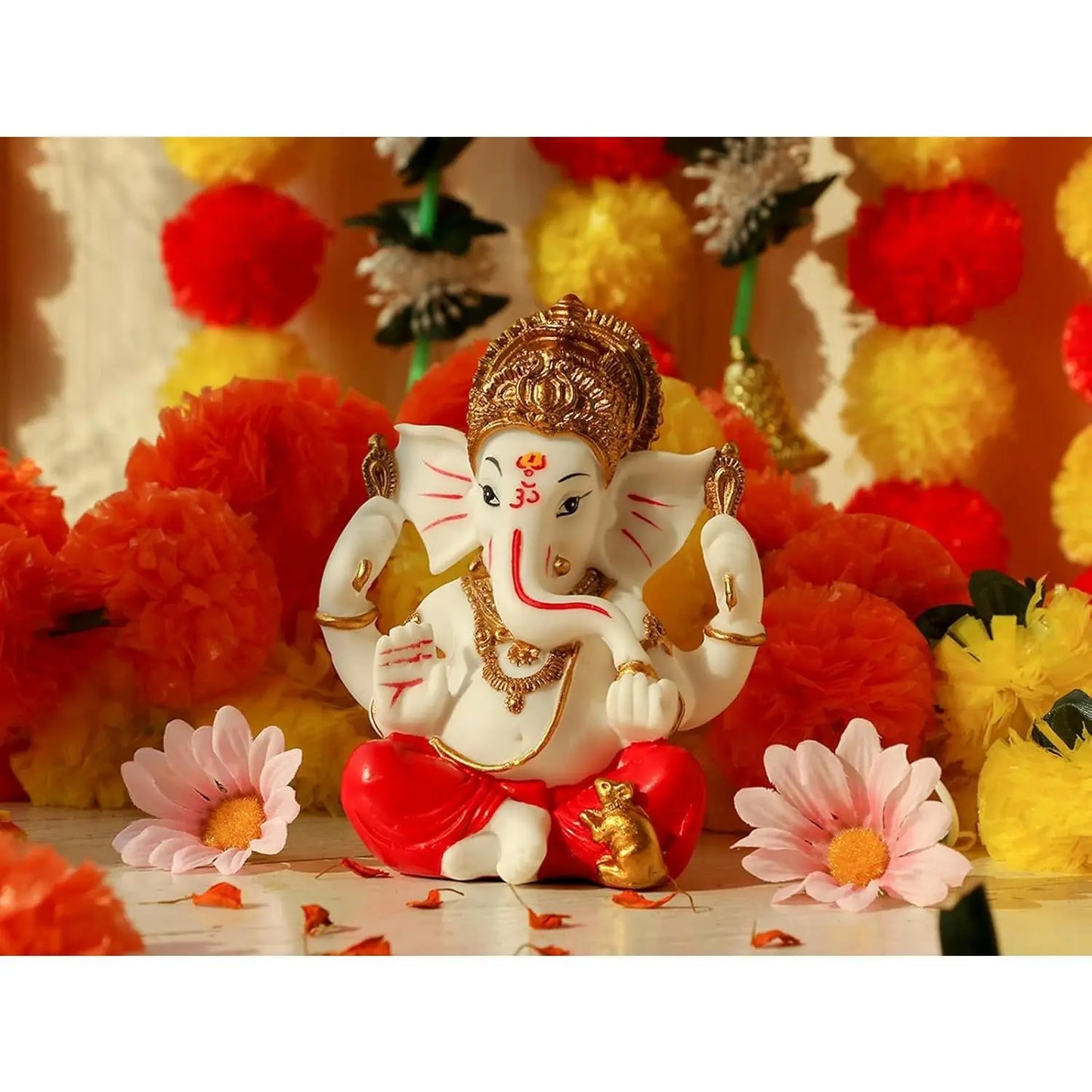 Alikiki Lord Ganesha Idol Statue - 5.6" Poly Stone Ganpati Murti for Diwali, Home Mandir, Temple Altar, and Puja Decor