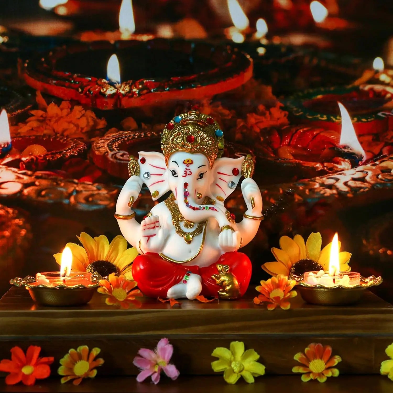 Alikiki Lord Ganesha Idol Statue - 5.6" Poly Stone Ganpati Murti for Diwali, Home Mandir, Temple Altar, and Puja Decor