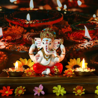 Alikiki Lord Ganesha Idol Statue - 5.6" Poly Stone Ganpati Murti for Diwali, Home Mandir, Temple Altar, and Puja Decor