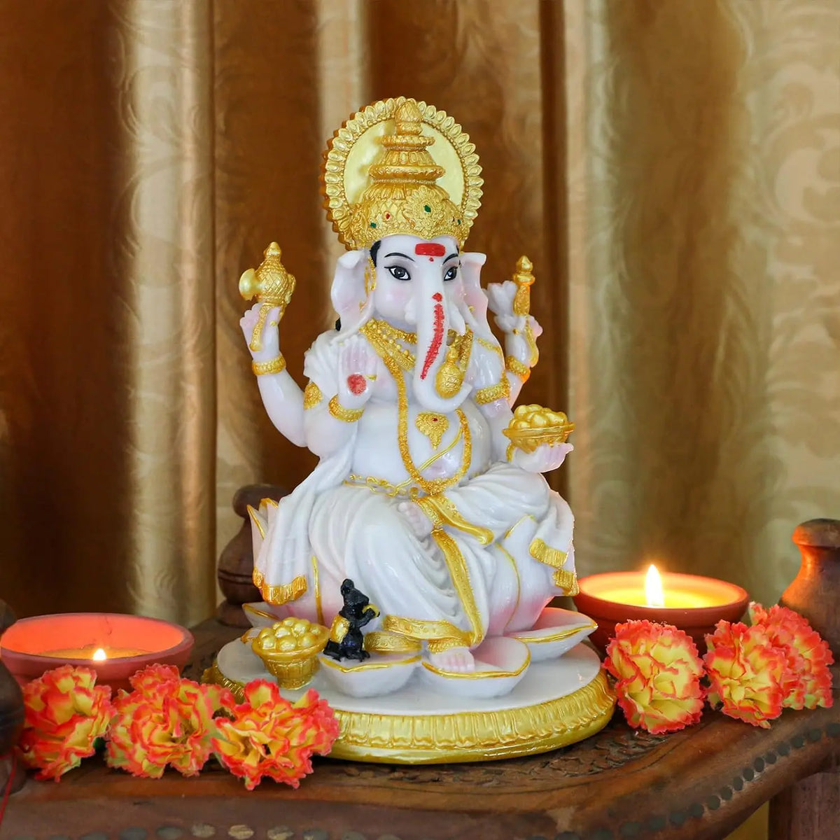 Alikiki Hindu God Ganesh Chaturthi Figurine - 8.4”H Indian Idol Ganesha Statue Ganpati Elephant Hindu God Pooja Item Diwali Home Office Meditation Room Temple Mandir Altar Shrine Puja Decor